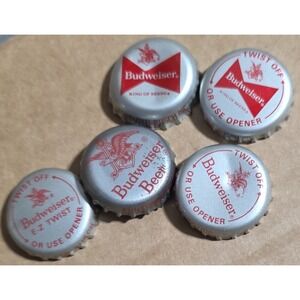 Vintage Budweiser Beer Bottle Caps 5pc Set Red Silver Bowtie Eagle Logo